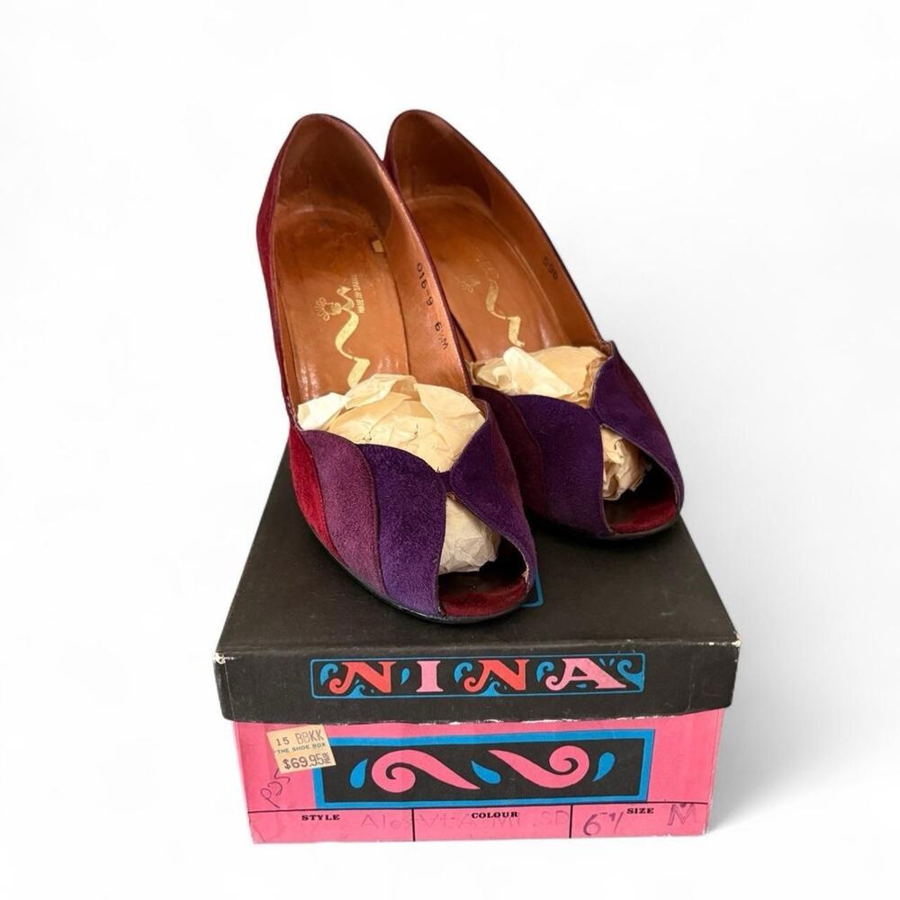 Vintage Nina Suede Colorblock Peep Toe Heels 6.5M Burgundy Purple Evening Pumps
